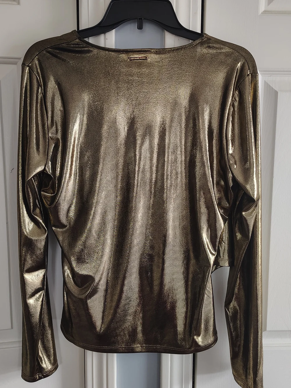 Michael Kors Shiny Metallic Gold Draped Wrap Blouse L